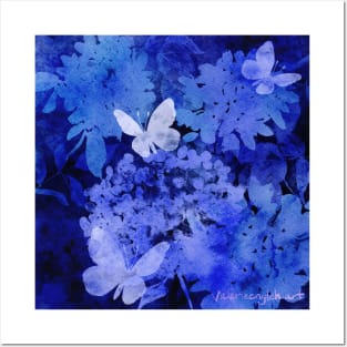 Butterflies and Hydrangeas Negative Painting Blue Posters and Art